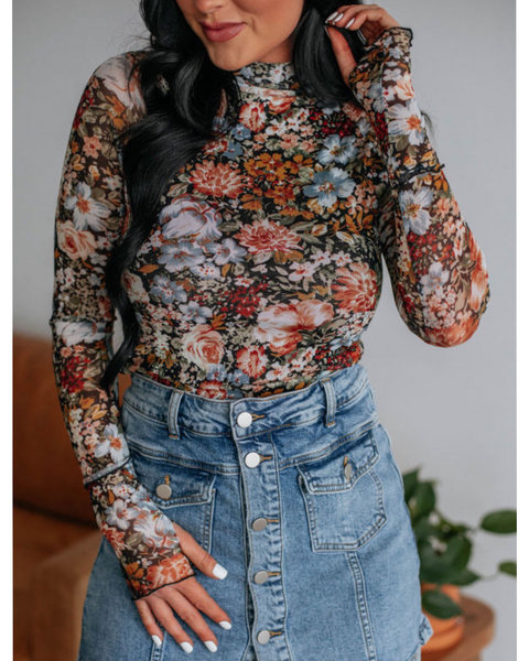 Long Sleeve Floral Mesh Top